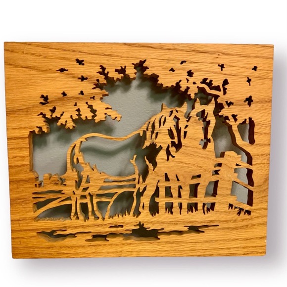 Wood Laser Engraved Oak Horse Pasture Western Wall Decor Plaque Alligator Hanger - Picture 1 of 7